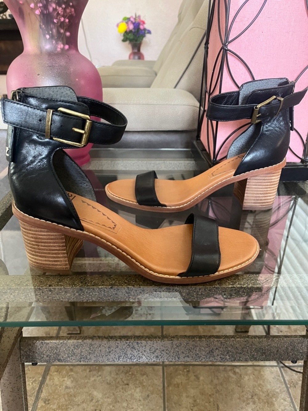 Zodiac Black Leather Ankle-Strap Sandals with Tan Footbed - Picture 2 of 6